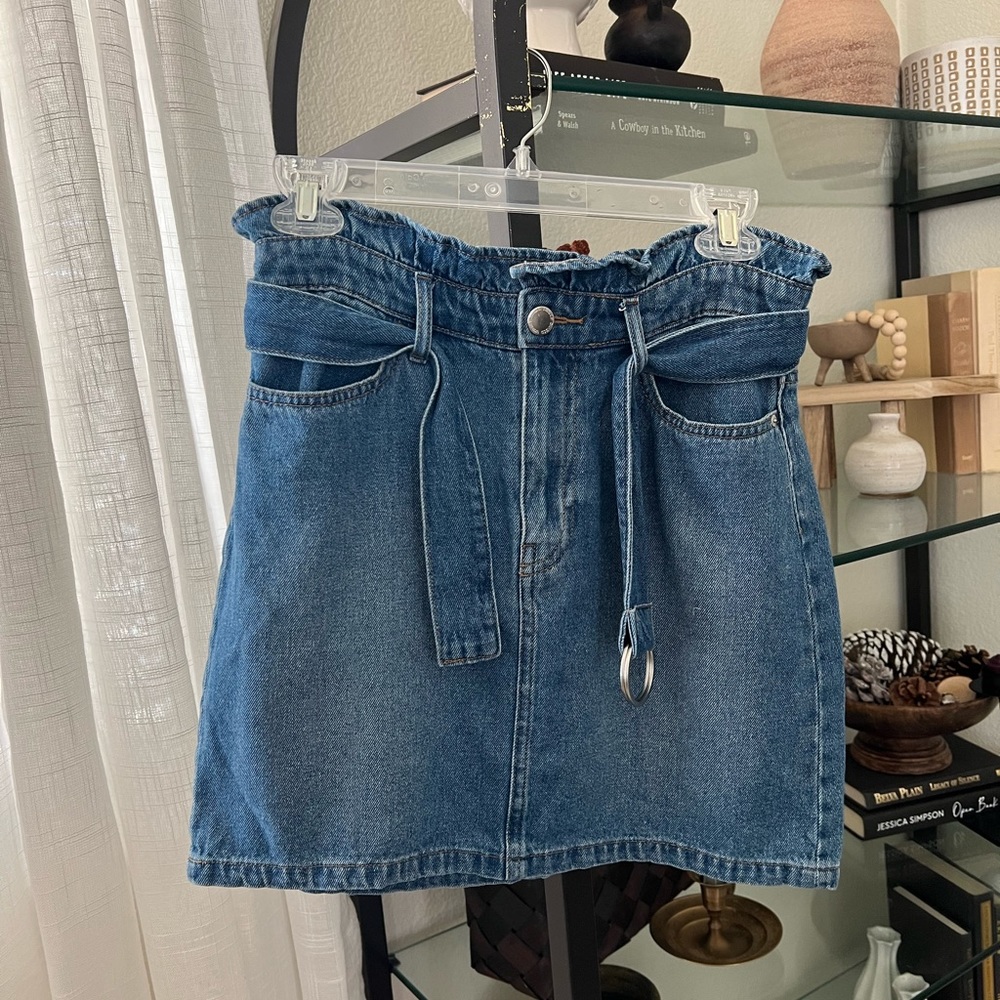Divided paperbag belted denim mini skirt 38P
